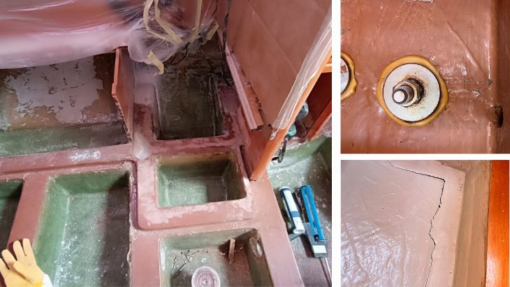 Zničená konštrukcia jachty pri oprave